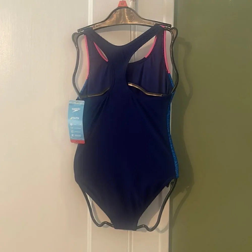 #17 Speedo youth bathing suit X-Small Size 5/6 Blue Pink 1 piece